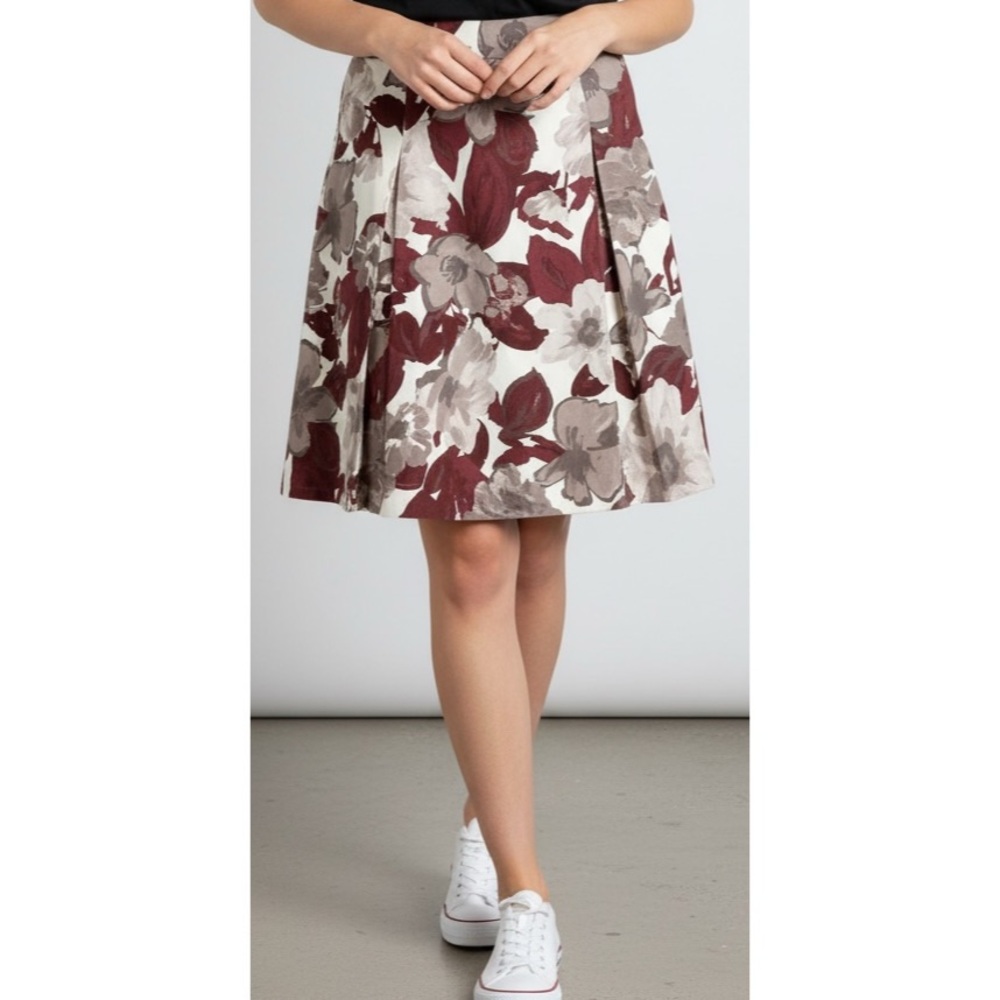 H&M Size 8 White Gray Maroon Floral Print Pleated Front A-Line Skirt